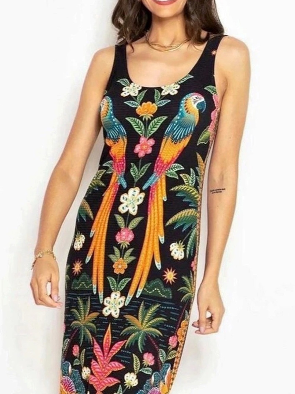 FARM Rio Samba Araras Midi Dress Floral Black & Multicolor NWOT